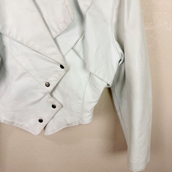 Vintage 80s White Leather Moto Jacket Coat Cropped Size Medium - Picture 4 of 12